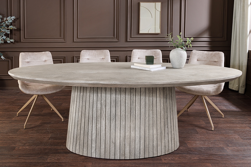 Ovaler Esstisch ART DECO 220cm smoke grau massives Mangoholz mit Säulenfuß
