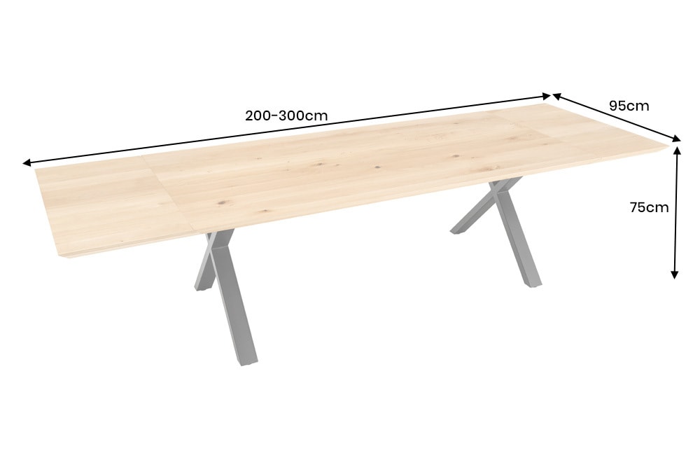 Verlängerbarer Esstisch WILD OAK 200-300cm natur Wildeiche Schweizer Kante X-Gestell
