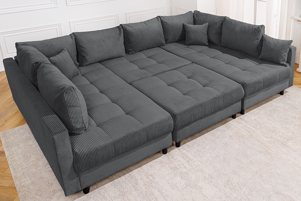 Moderne XXL Wohnlandschaft KENT 305cm anthrazit Cord Bigsofa inkl. Hocker Federkern