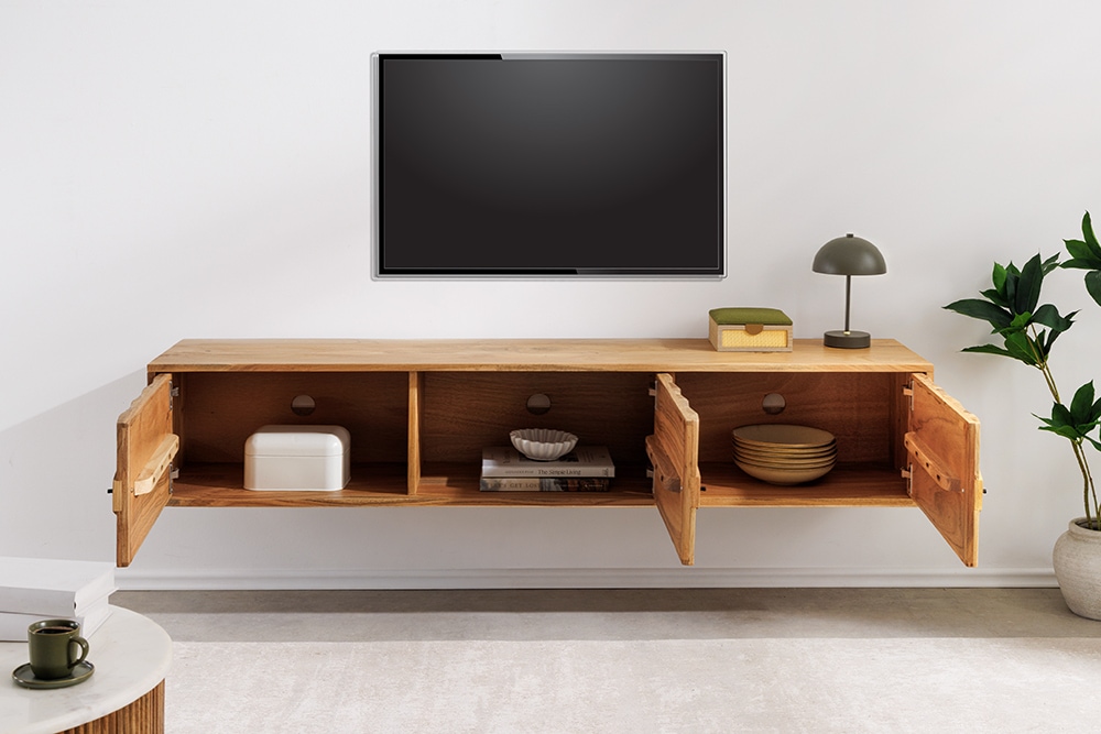 Hängendes TV-Board MYSTIC LIVING 160cm Akazie natur 3D Oberfläche Massivholz