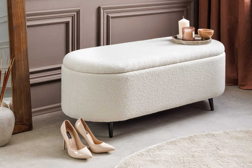 Scandinavische Polsterbank VOGUE 110cm weiß Bouclé schwarz Sitzbank mit Stauraum » Jetzt kaufen