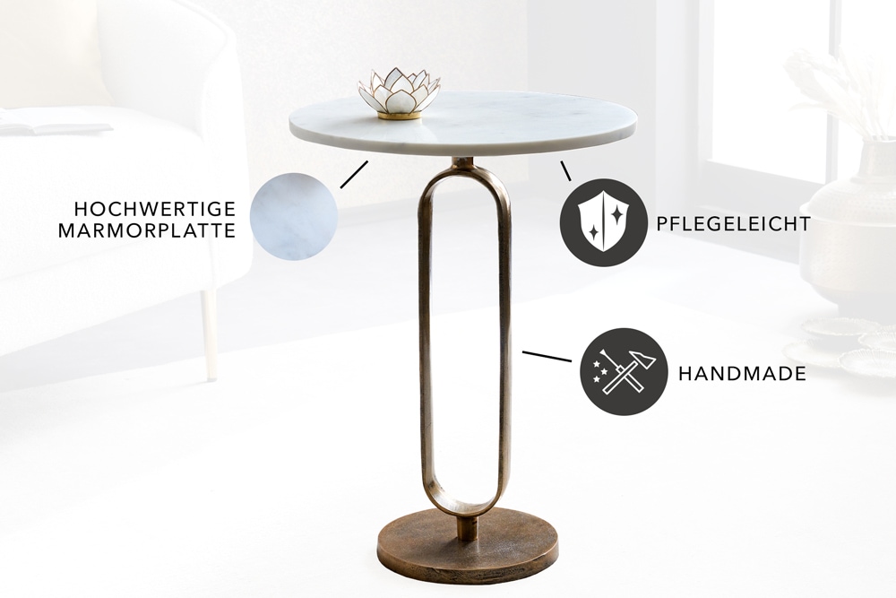 Runder Beistelltisch ELEGANCE 60cm weiß gold antik Marmor Metall Aluminium handmade