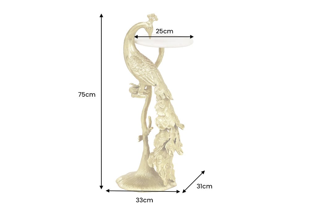 Runder Beistelltisch WILDLIFE PEACOCK 75cm gold antik weiß Metall Marmor Pfauen-Skulptur