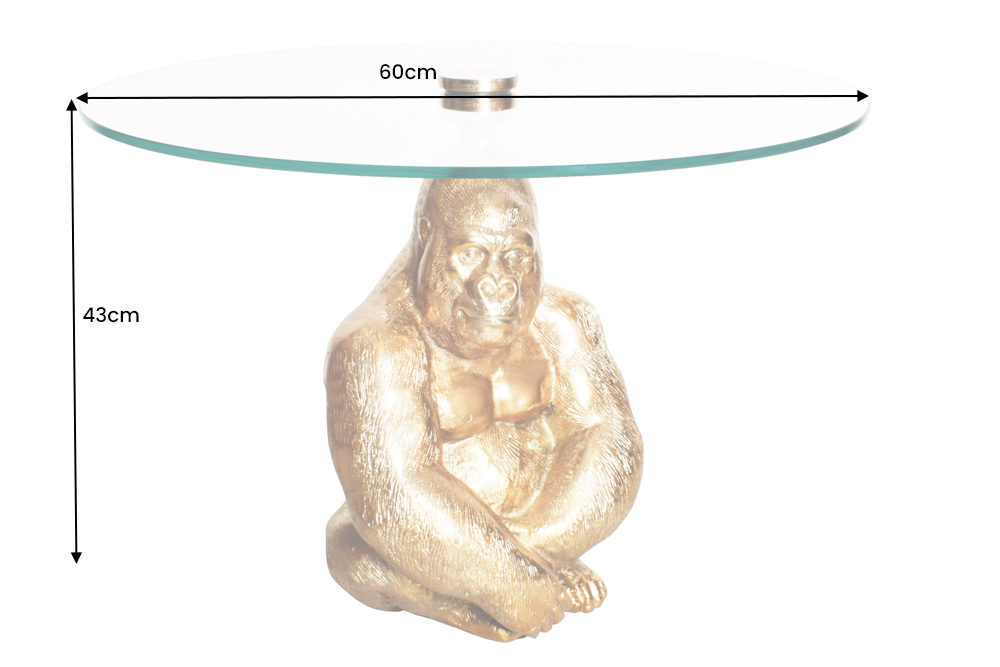 Runder Couchtisch WILDLIFE KONG 60cm gold Metall Glas Affenfigur Gorilla Skulptur handmade