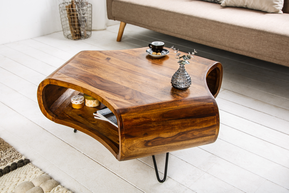 Retro Couchtisch ORGANIC LIVING 90cm braun Sheesham Massivholz stone finish Stauraum