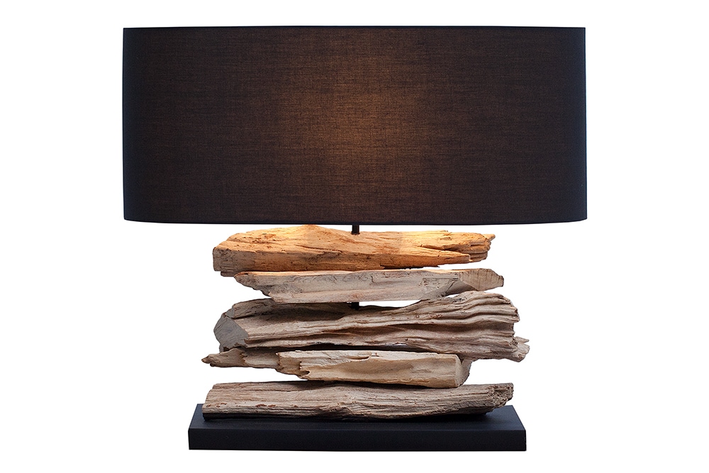 Handgearbeitete Treibholz Lampe RIVERINE 55cm schwarz Leinenschirm Tischleuchte