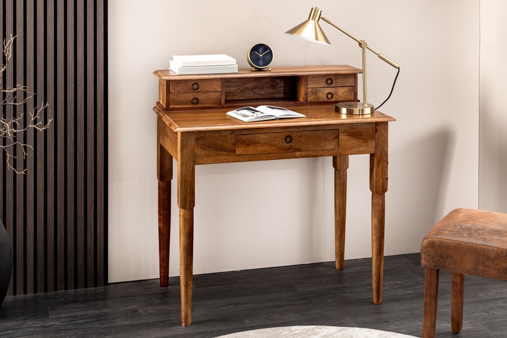 Design Sekretär HEMINGWAY M 90cm braun massiv Mangoholz honey finish Schreibtisch