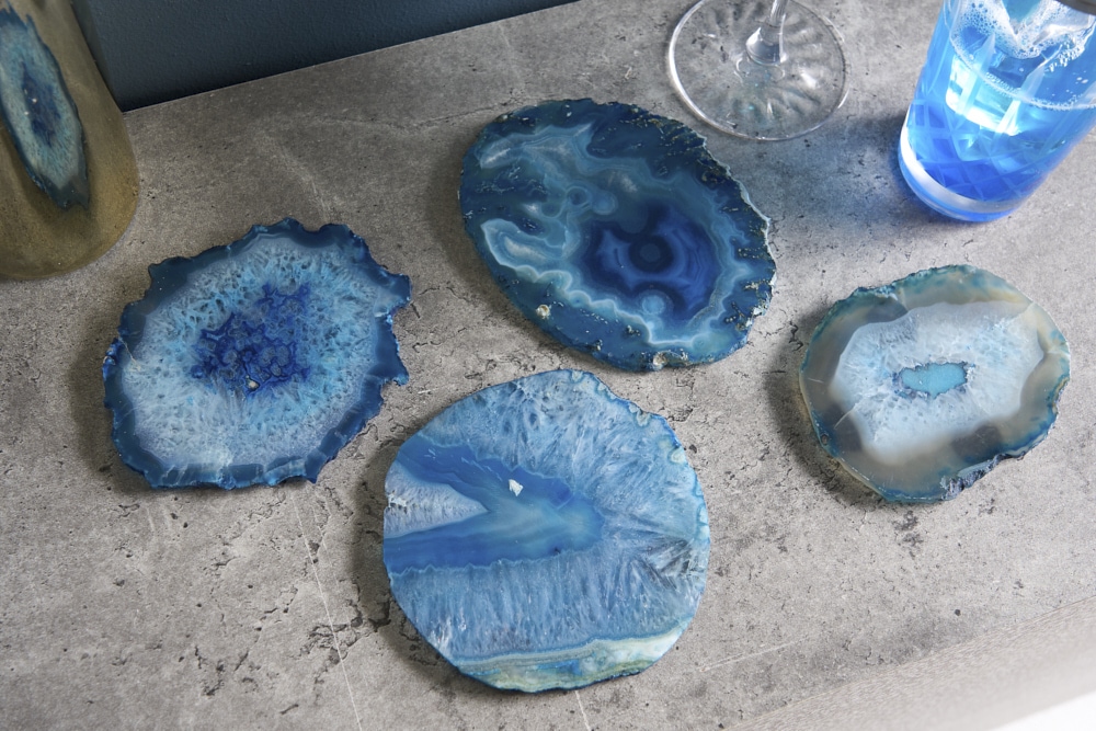 4er Set Untersetzer für Gläser COASTER 10cm blau Edelstein Achat Quarz handmade