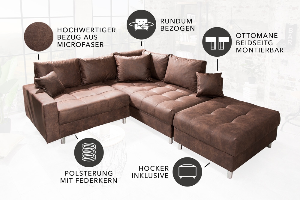 Modernes Ecksofa KENT 220cm braun Federkern Wohnlandschaft inkl. Hocker und Kissen