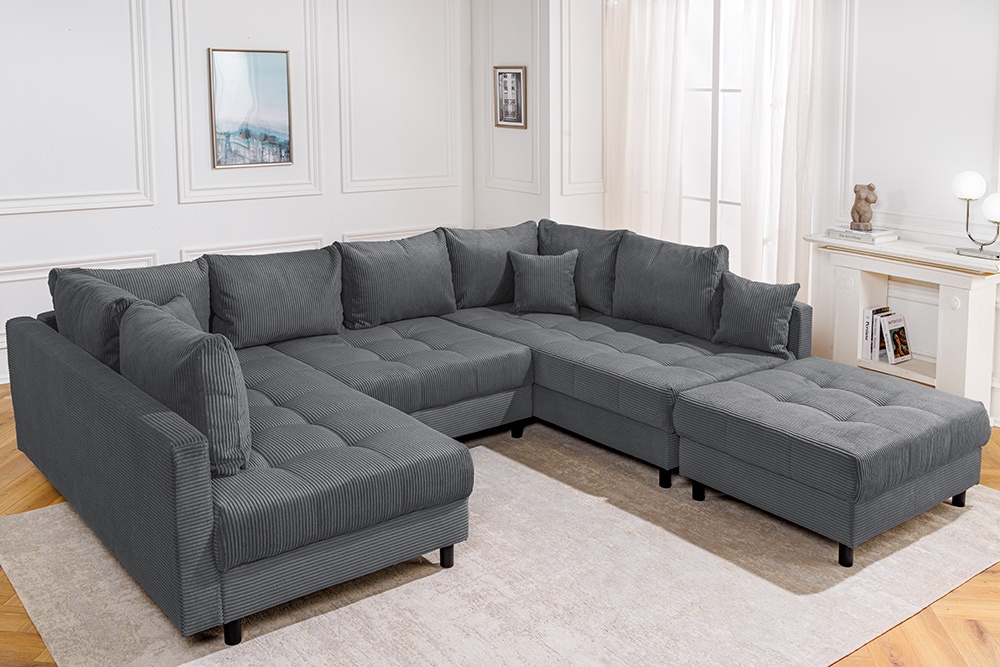 Moderne XXL Wohnlandschaft KENT 305cm anthrazit Cord Bigsofa inkl. Hocker Federkern