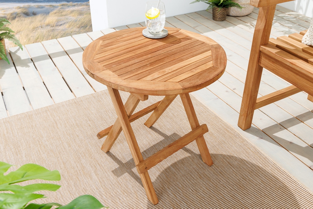 Massiver Gartenbeistelltisch EMPIRE TEAK 50cm natur Teakholz klappbar rund Outdoor