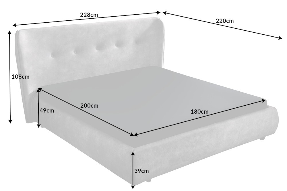 Retro Doppelbett FLORENZ 180x200cm grau Samt Polsterbett Kingsize