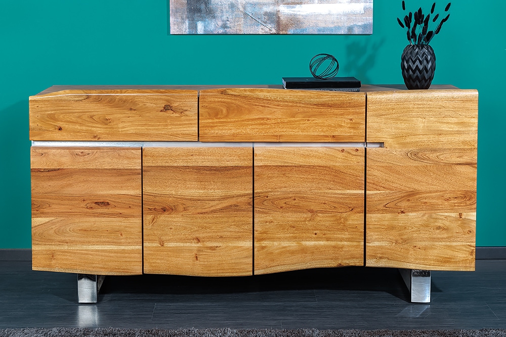 Massivholz Sideboard MAMMUT 170cm Akazie Baumkante mit Schubladen Kufengestell Edelstahl