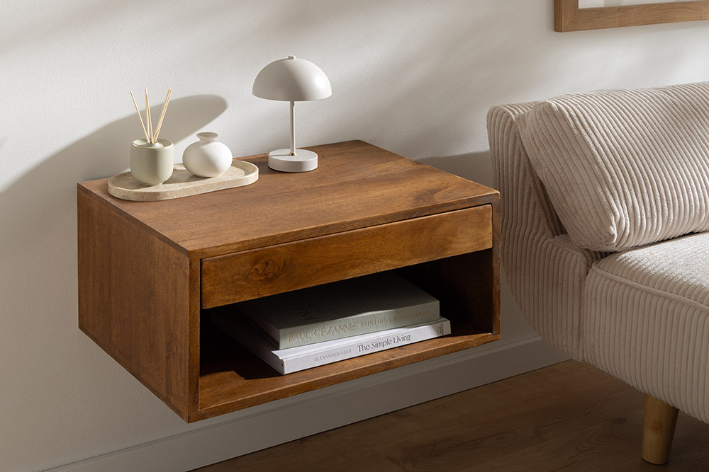Hängender Nachttisch PURE 50cm braun Mangoholz honey finish Wandregal Schublade