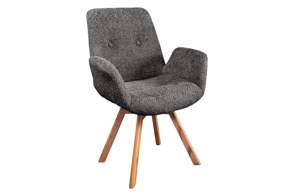 Drehbarer Design Stuhl BALTIC dunkelgrau Bouclé natur Eiche Massivholz mit Armlehne