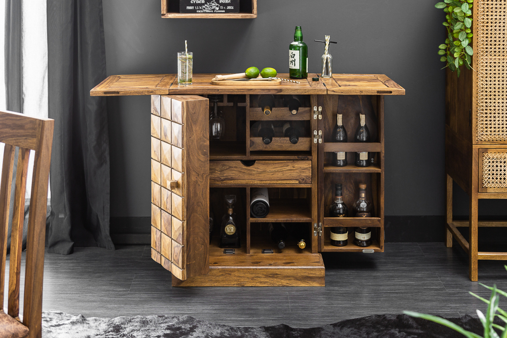 Handgearbeiteter Barschrank MOSAICO 130cm braun Sheeshamholz stone finish 3D Effekt