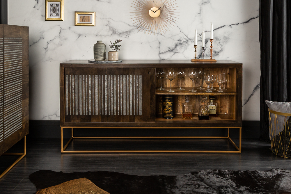 Massives Sideboard ONYX 160cm dunkelbraun gold Mangoholz Edelstein Achat Schiebetüren
