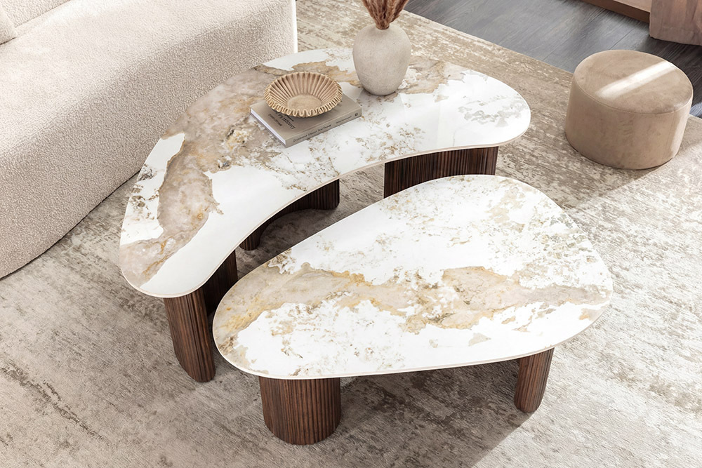 2er Set Couchtische OSAKA 120cm weiß Pandora Keramik Walnuss