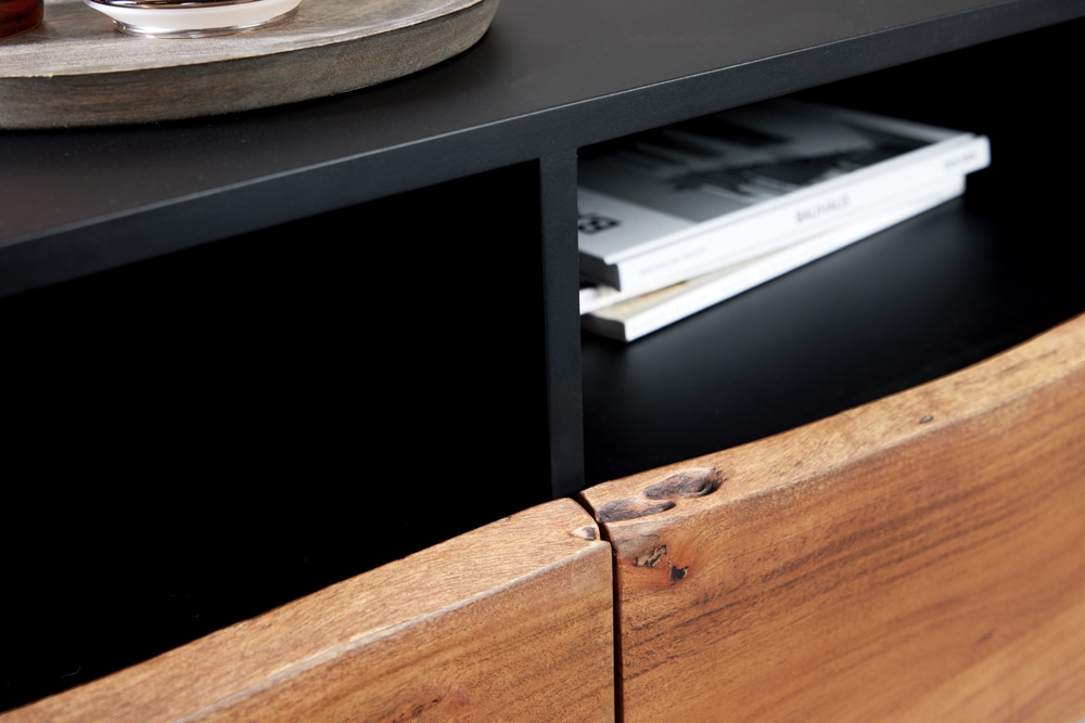 Industrial Design TV-Board ORGANIC ARTWORK 140cm Akazie Massivholz Eisengestell