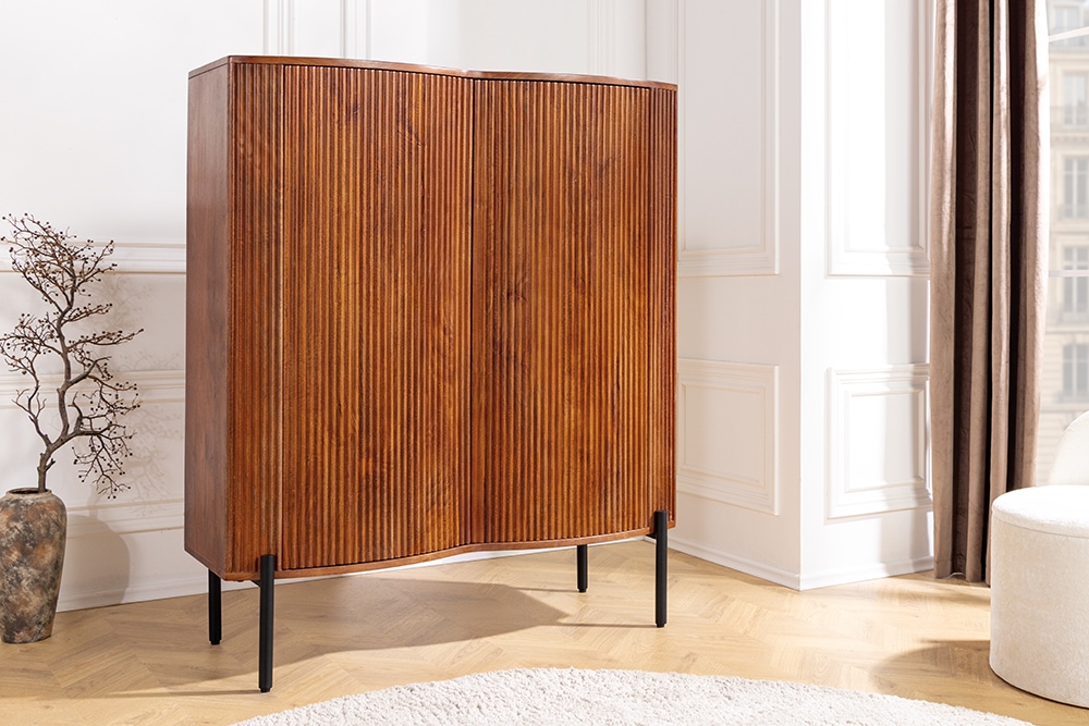 Massives Highboard GRANDEUR 120cm braun Mangoholz schwarz Metall
