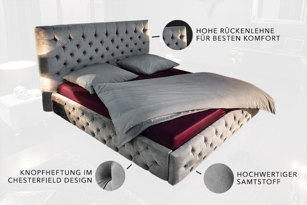 Design Doppelbett PARIS 180x200cm silber grau Samt Chesterfield