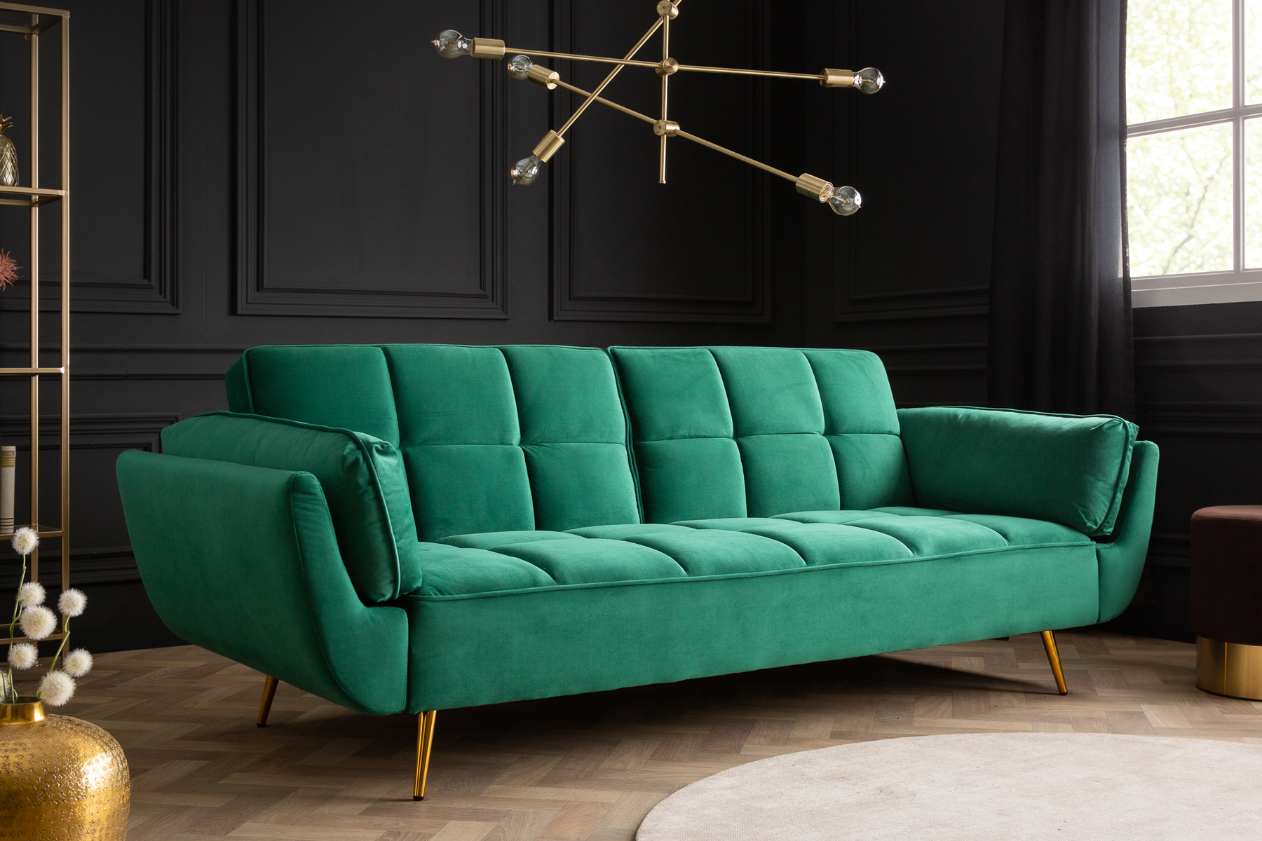 Retro Schlafsofa BOUTIQUE 215cm smaragdgrün Samt 3-Sitzer mit goldenen Füßen