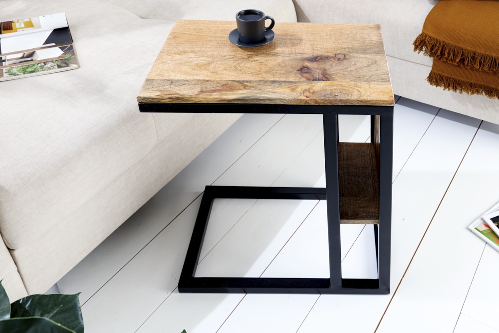 Moderner Laptoptisch CONCIERGE 60cm natur Mangoholz Beistelltisch mit Stauraum Metallgestell