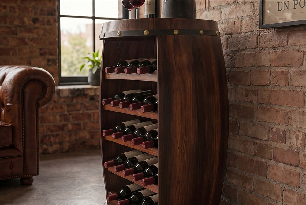 Massives Weinregal BODEGA 80cm coffee braun Pinie Fass-Bartisch für 23 Flaschen
