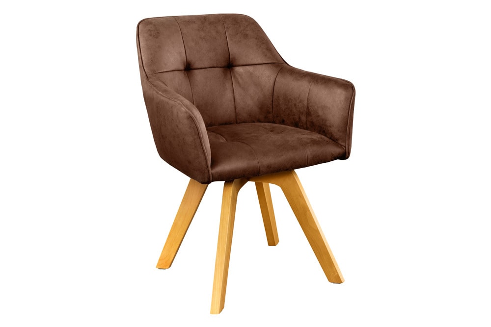 Design Stuhl LOFT antik braun Microfaser drehbar massiv Buchenholz mit Armlehne