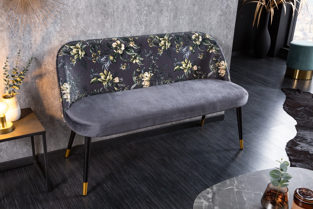 Design Bank PRÊT-À-PORTER grau Samt florales Muster und goldene Fußkappen