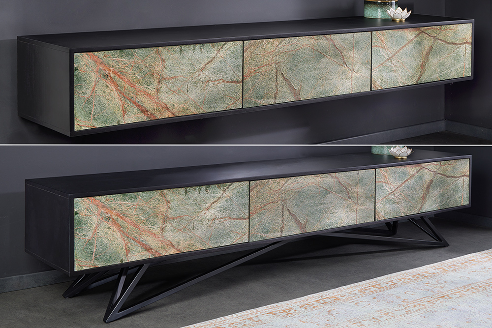 Massivholz TV Lowboard MOUNTAIN SOUL 200cm echter Naturstein Akazie schwarz hängend / stehend