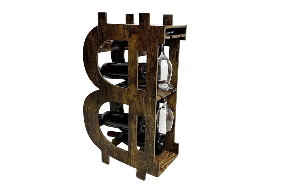 Stilvolles Weinregal BITCOIN 70cm natur Holzregal für 10 Flaschen und 4 Gläser