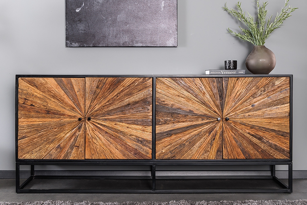 Massives Sideboard BARRACUDA 180cm braun Mangoholz mit Teakholz-Front schwarz Metall