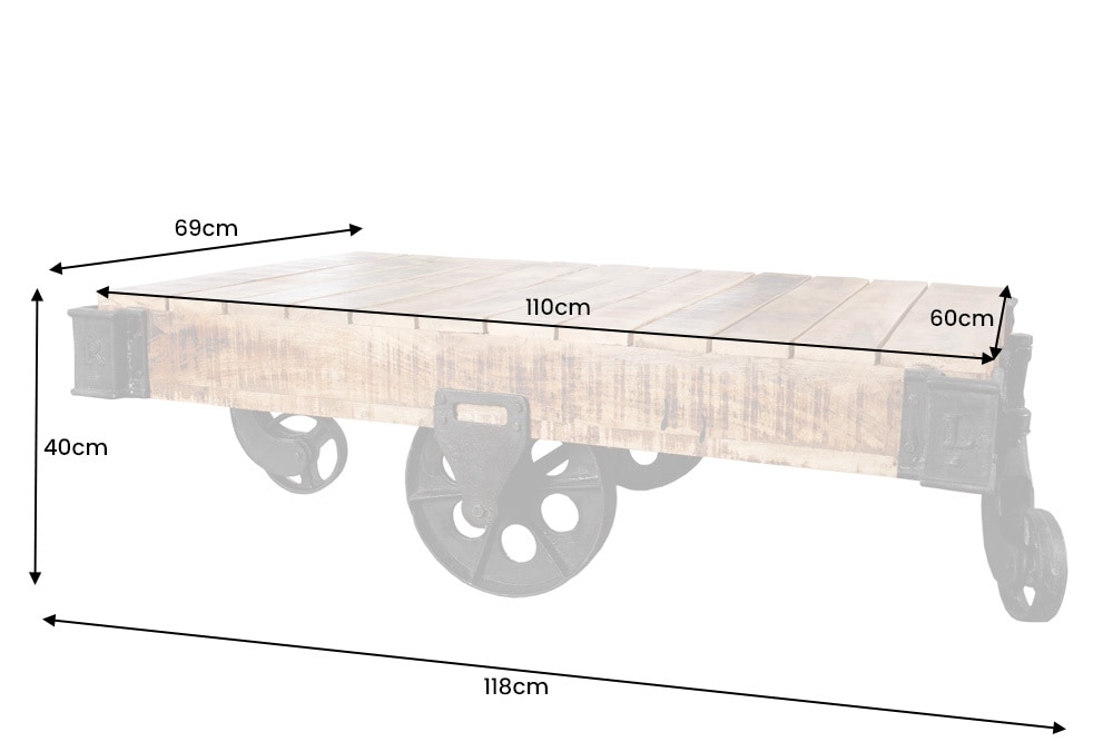 Massiver Design Couchtisch RAILWAY 110cm Mangoholz mit 4 Rädern