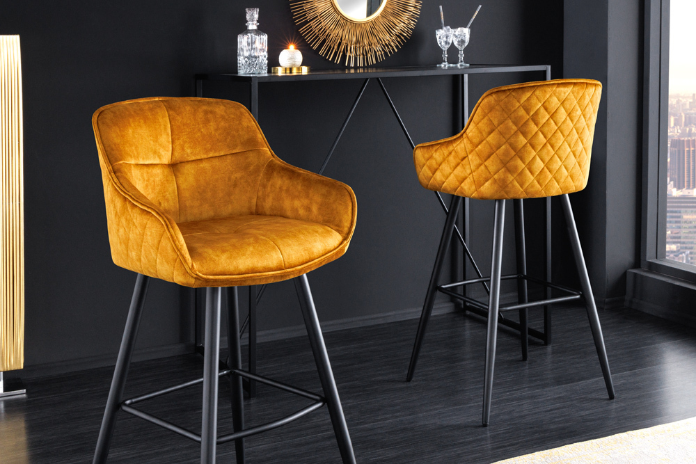Design Barhocker EUPHORIA senfgelb Samt schwarze Metallbeine Barstuhl mit Lehne Design Barhocker EUPHORIA senfgelb Samt schwarze Metallbeine Barstuhl mit Lehne