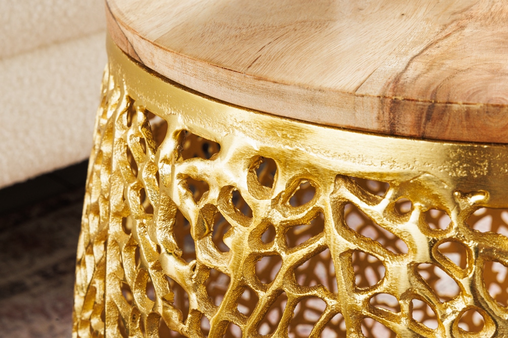 2er Set Filigraner Design Couchtisch ABSTRACT LEAF gold Akazienholz Handarbeit Metall rund