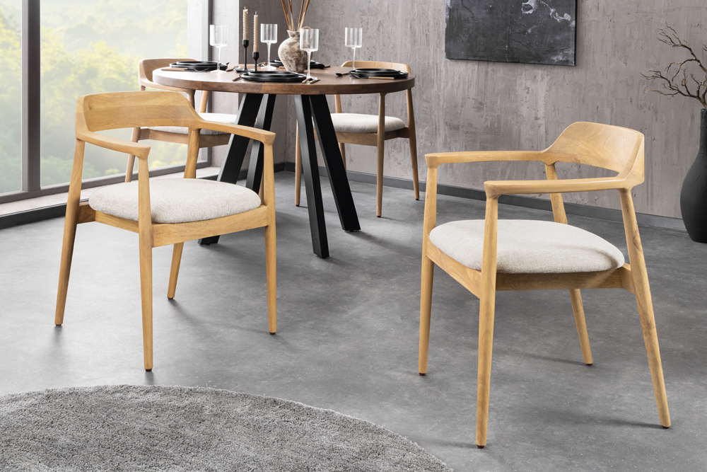 Design Stuhl KENNEDY creme beige massives Mangoholz mit Polstersitz Strukturstoff