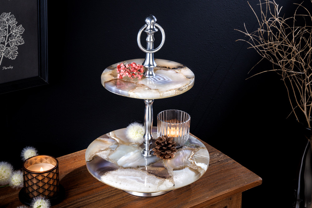Deko Etagere NOBLE 35cm silber Edelstein handmade Achat Quarz Aluminium