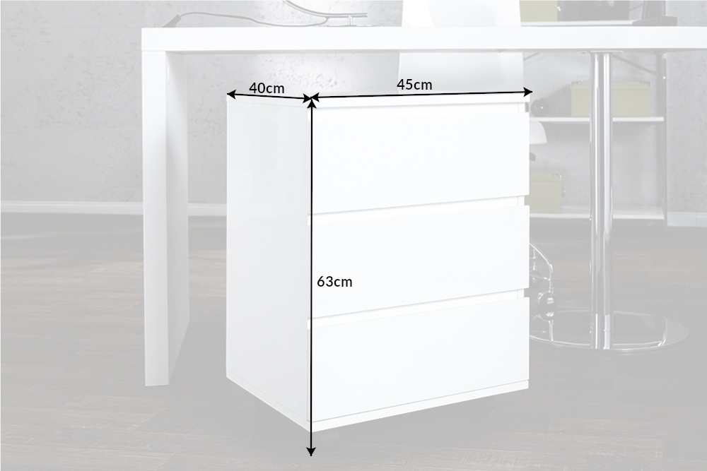 Moderner Rollcontainer BIG DEAL 45cm weiß Hochglanz 3 Schubladen