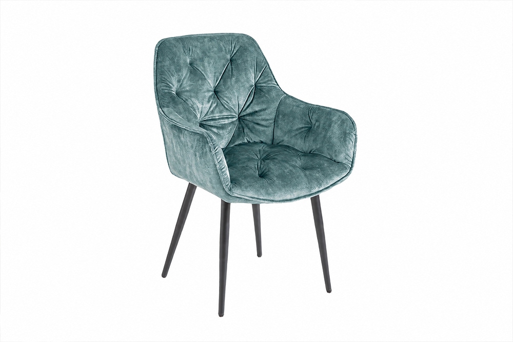 Design Stuhl MILANO petrol Samt mit Armlehne Ziersteppung gepolstert schwarze Metallbeine