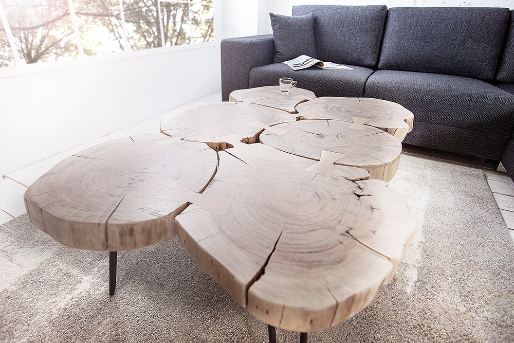 Design Couchtisch GOA 110cm Akazie Baumstamm Scheiben 4cm Tischplatte Massivholz