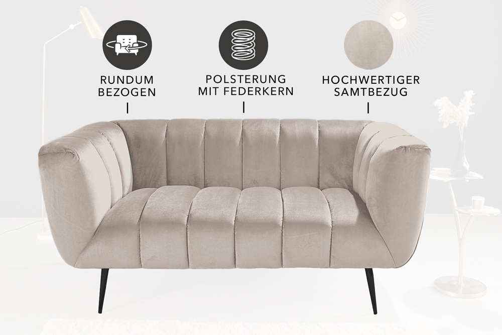 Design 2-Sitzer Sofa NOBLESSE 165cm champagner Samt schwarze Metallfüße Federkern