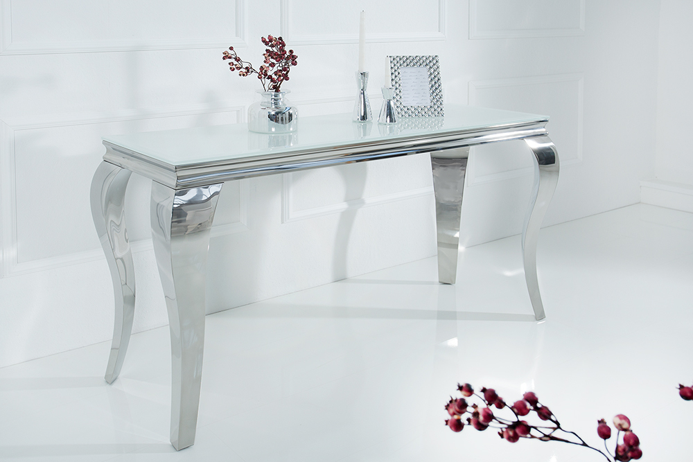 Eleganter Konsolentisch MODERN BAROCK 145cm weiß Edelstahlbeine Opalglas