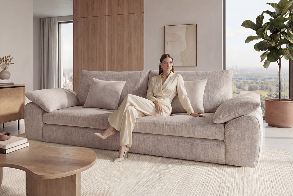 Stilvolles Big Sofa SOHO 260cm beige Chenille 4-Sitzer Couch mit Wellenunterfederung