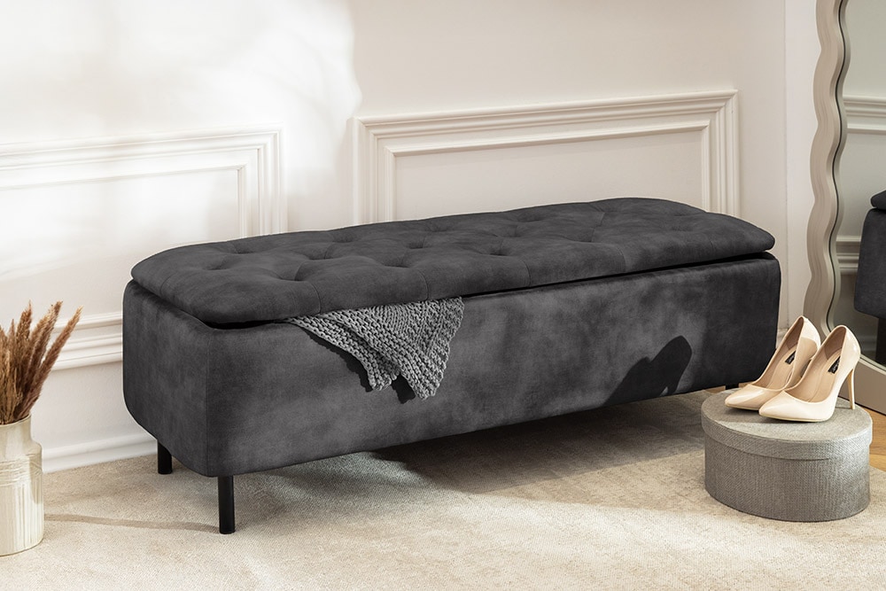 Extravagante Polsterbank EN VOGUE 120cm grau Samt mit Stauraum schwarze Metallbeine