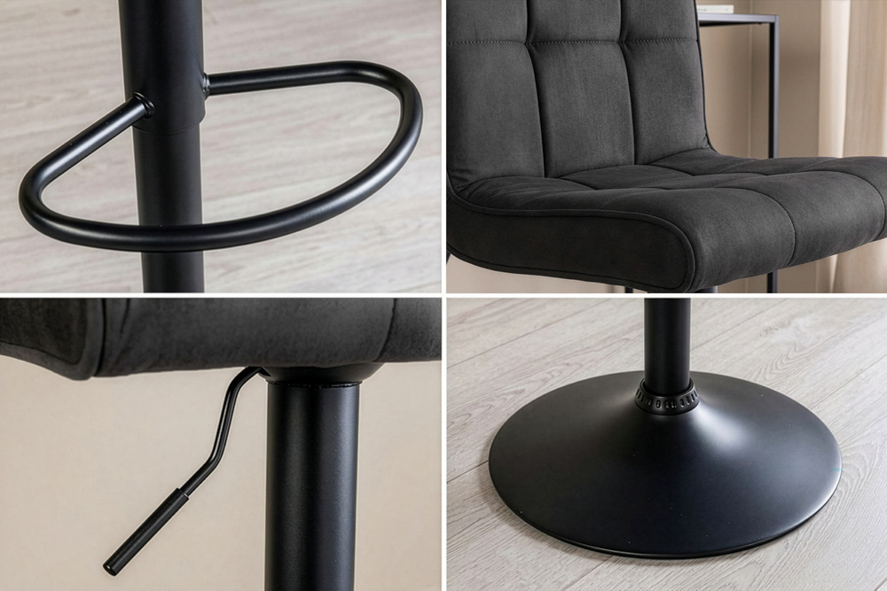Höhenverstellbarer Barhocker MODENA vintage grau Microfaser Metall schwarz mit Lehne drehbar