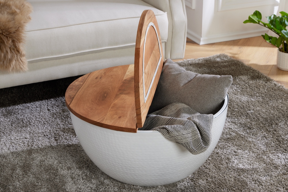 Runder Couchtisch ORIENT STORAGE 60cm weiß Akazienholz mit Stauraum Hammerschlag handmade