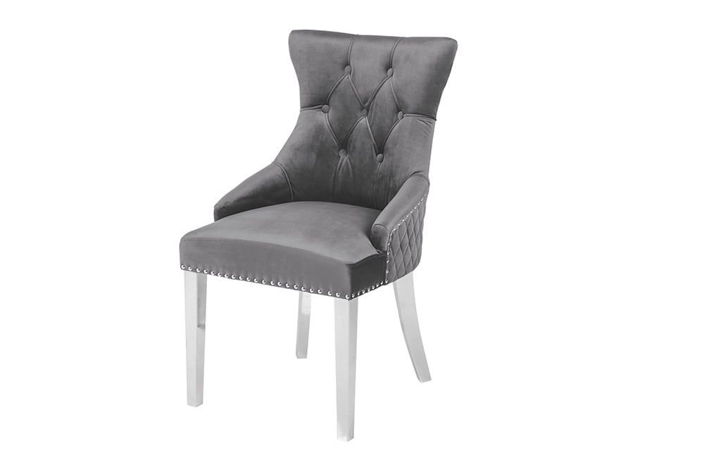 Eleganter Stuhl CASTLE DELUXE grau Samt Löwenkopf Chesterfield Design Esszimmerstuhl Nieten