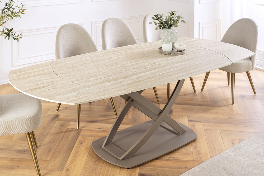 Ausziehbarer Esstisch INCEPTION 130-190cm oval Travertin Keramik champagner greige » Jetzt kaufen