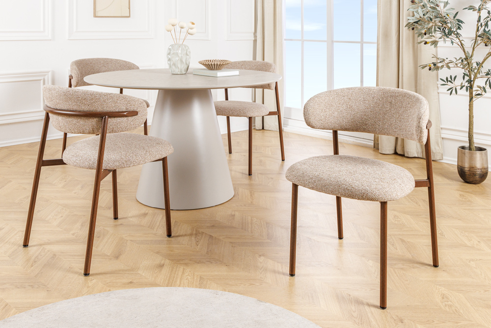 Design Stuhl BELFORT taupe beige Strukturstoff Metallgestell Walnuss